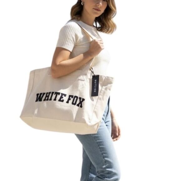 White Fox Tote Bag Womens One Size Natural Stepping Out Canvas Logo Shopper - Picture 1 of 12